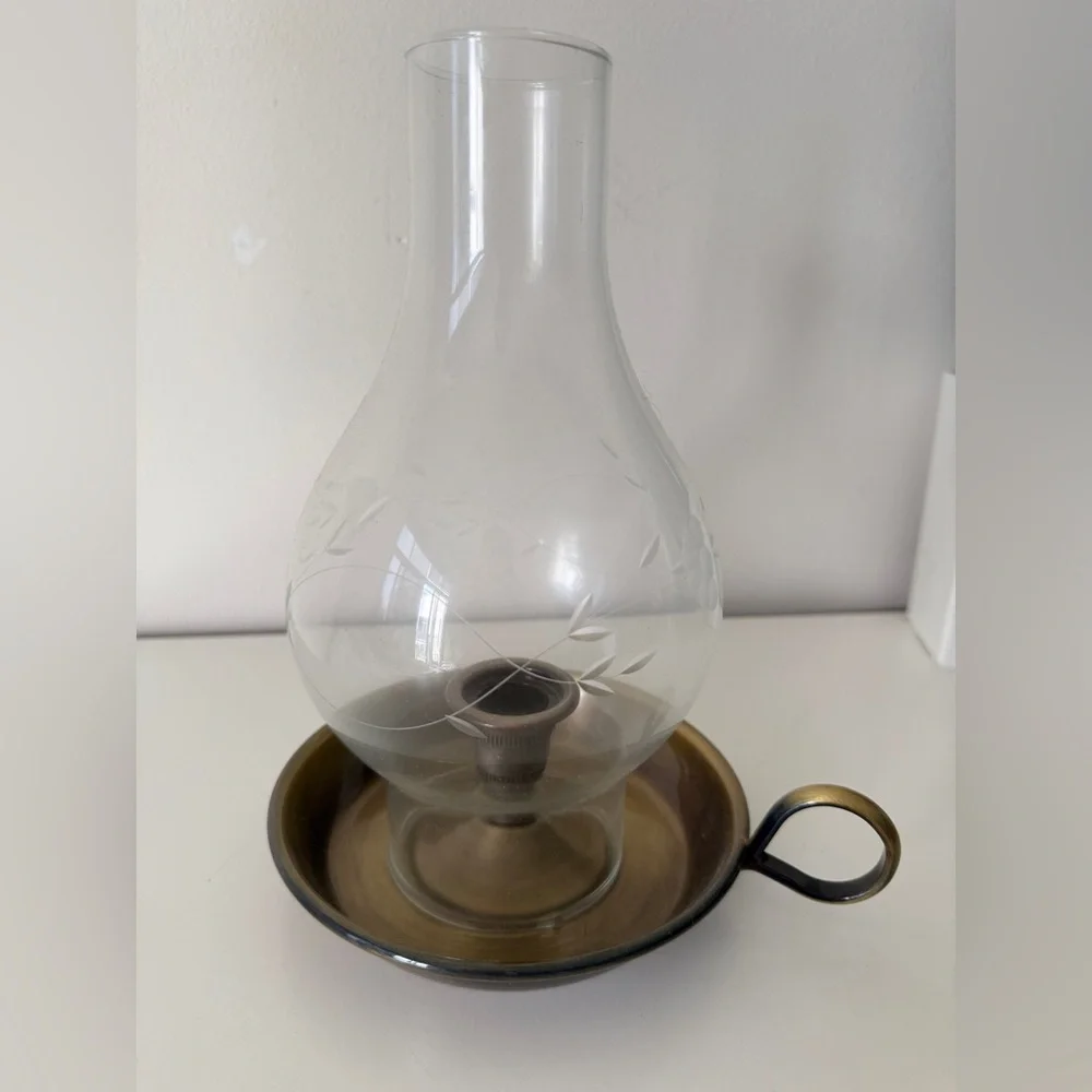 Vintage Glass Oil Lamp Hurricane Style with Brass Base - Picture 2 of 5
